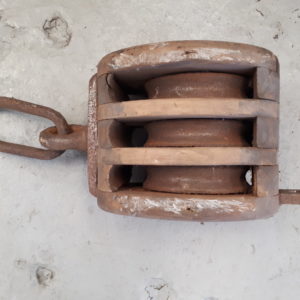 Antique Three Wheel Wood and Metal Pulley